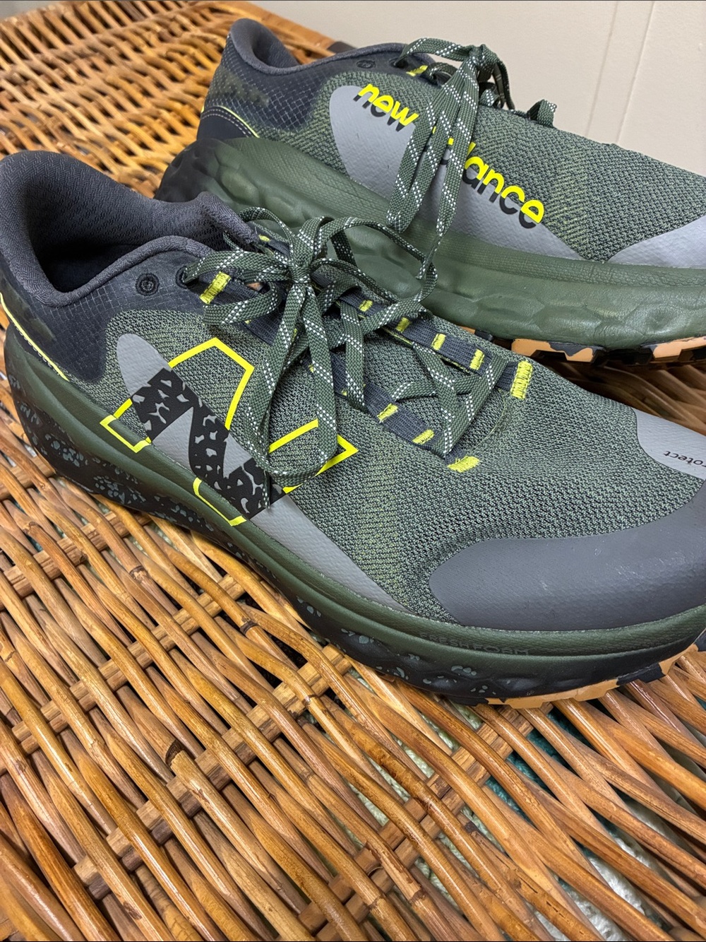 New Balance Green Trail Sneakers with Neon Yellow Accents